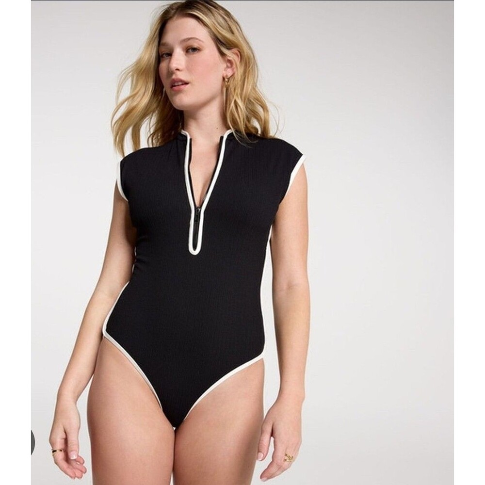 CALIA Women's Black Ribbed Paddlesuit Sleeveless Front Zip Swimsuit Sz 8 New